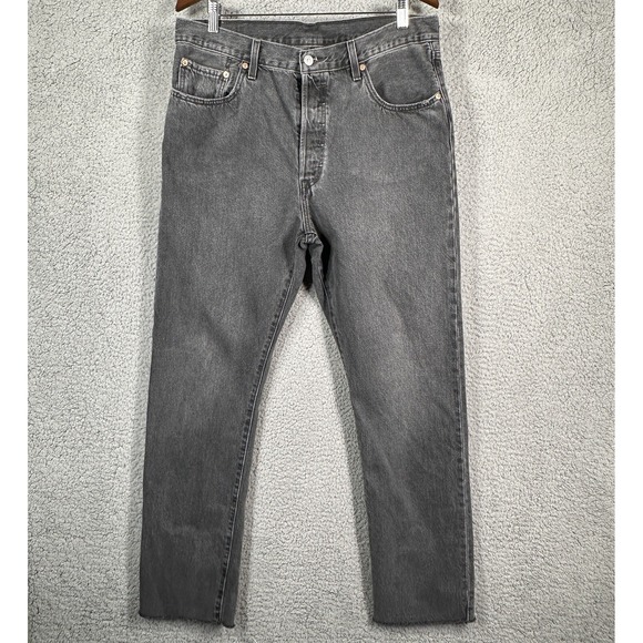 Levis 501xx Jeans Womens 34X32 Button Fly Charcoal‎ Gray Denim Frayed - Picture 1 of 14
